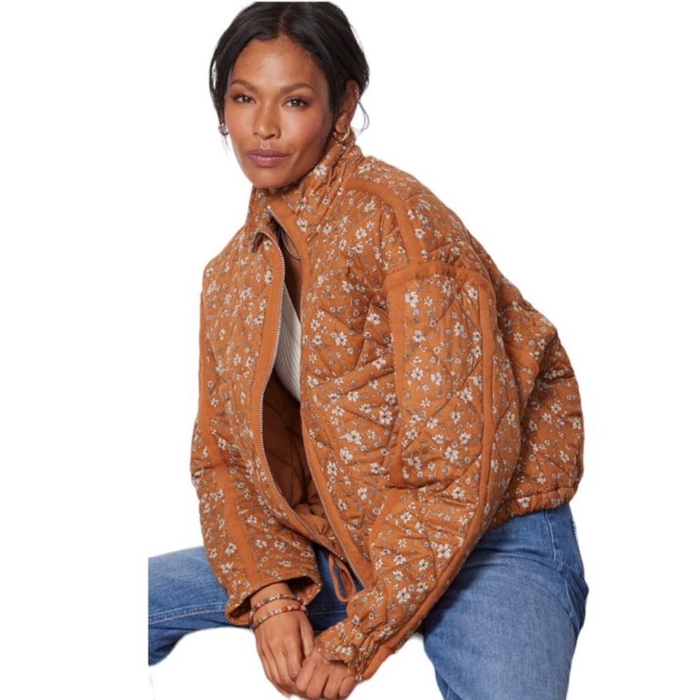 Blank NYC Orange Floral Boxy Quilted Jacket